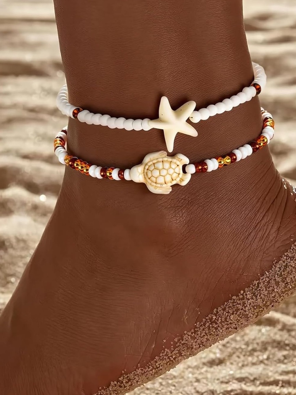 Anthropologie White Beaded Starfish and Turtle Anklet Set